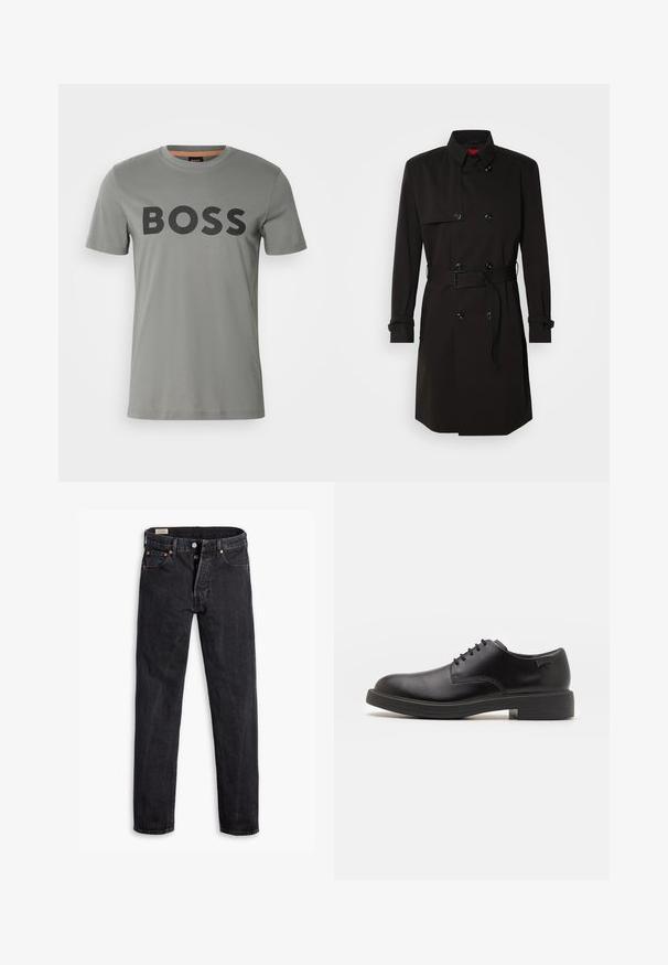 Črni plašč s dvojno zadrgo, velikimi gumbi, pasom in visokim ovratnikom. Gladek material z mat površino.; BOSS THINKING - Potiskana majica - open grey; Črne kavbojke iz denima s ravnim krojem. Imajo pet žepov, dva sprednja gumba in subtilne kontrastne šive. Mat tekstura.; Črne usnjene čipkaste čevlje z zaobljenim nosom, gladko teksturo, minimalnim šitjem in nizkim gumijastim peto. Logo na peti.