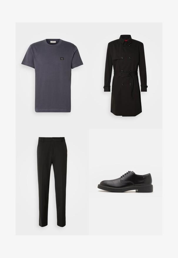Fekete trench kabát, dupla gombos dizájnnal, nagy gombokkal, övvel ellátott derékkal és magas gallérral. Simább anyag, matt felülettel.; Sötét szürke pamut póló, kerek nyakkal, rövid ujjal, és egy kis fekete logópauzával a bal mellrészen. Texturált, minimalista dizájn.; Fekete nadrág sima szövetből, egyenes lábakkal, gombos záródással és klasszikus designnal, amely alkalmas formális vagy hétköznapi viseletre.; Fekete bőrcipő, kerek orrú, sima felületű, minimális varrással és alacsony gumitalppal. Logó a sarokrészen.