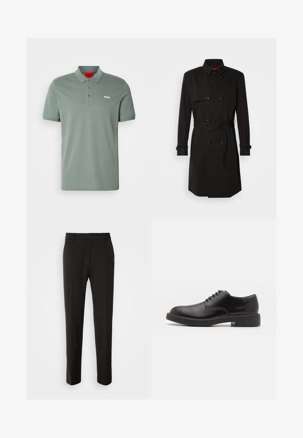 Mustat trench-takit, joissa on kaksirivinen malli, suuret napit, vyötärönauha ja korkea kaulus. Sileä kangas matta pinnalla.; Vihreä puuvillapaita, jossa on kolme nappia, logo rinnassa ja lyhyet hihat. Sujuva pinta ja klassinen malli.; Mustat housut, jotka on valmistettu sileästä kankaasta, suoriin lahkeisiin, nappikiinnitykseen ja klassiseen muotoiluun, sopivat muodollisiin tai vapaa-ajan asuihin.; Mustat nahkasaappaat, joissa on pyöreä kärki, sileä pinta, minimaalinen ommel ja matala kumipohja. Logo kannassa.