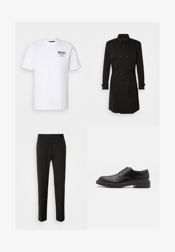 Crni trench kaput s dvostrukim kopčanjem, velikim gumbima, remenom u struku i visokim ovratnikom. Glatka tkanina s mat završetkom.; Bijela majica kratkih rukava od pamuka. Sadrži crni grafički otisak na lijevom prsnom dijelu s tekstom i logom. Klasičan okrugli izrez.; Crni hlače od glatkog materijala, s ravnim nogavicama, zatvaranjem na dugme i klasičnim dizajnom prikladnim za formalne ili ležerne prilike.; Crne kožne cipele s vezanjem i zaobljenim vrhom, glatke teksture, minimalnim šavovima i niskim gumiranim potplatom. Logo se nalazi na peti.