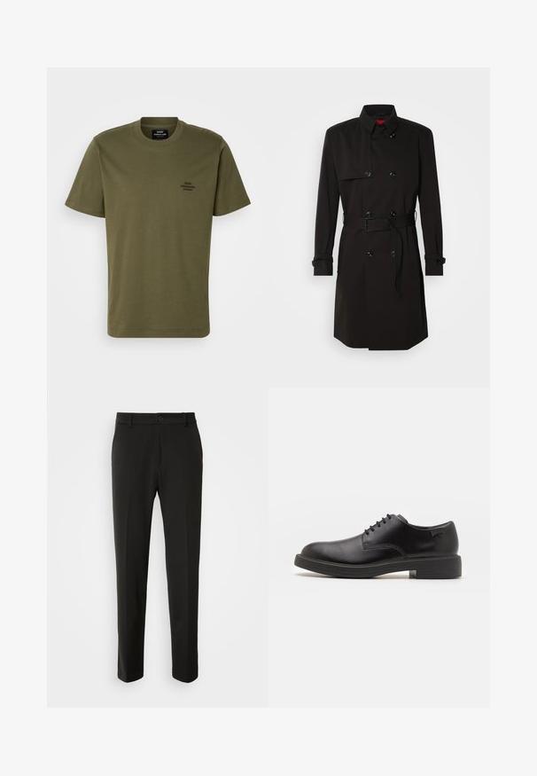 Black trench coat featuring a double-breasted design, large buttons, a belted waist, and a high collar. Smooth fabric with a matte finish.; Olive green short-sleeve T-shirt made of cotton, featuring a round neckline and a small embroidered logo on the left chest. Smooth texture.; Black trousers made of smooth fabric, featuring straight legs, a button closure, and a classic design suitable for formal or casual wear.; Black leather lace-up shoe with a rounded toe, smooth texture, minimal stitching, and a low rubber heel. Logo on the heel.