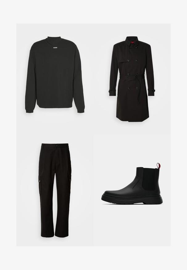 Abrigo negro de trench con diseño de doble botonadura, grandes botones, cintura con cinturón y cuello alto. Tejido suave con un acabado mate.; Sudadera negra de manga larga hecha de algodón, con un cuello alto y la palabra "HUGO" en texto blanco en el pecho.; Pantalones cargo negros de algodón con un corte relajado, que cuentan con bolsillos laterales, cierre de botón y perneras rectas. Diseño simple sin patrones.; Botín negro con un acabado liso, paneles laterales elásticos y una lengüeta de tirón roja contrastante, que presenta una suela de goma gruesa y punta redondeada.