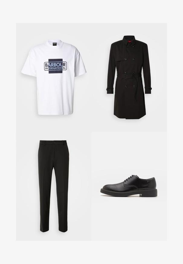 Palton negru cu un design cu dublu rând, butoane mari, talie cu curea și guler înalt. Material neted cu o finisare mată.; Tricou alb din bumbac, cu un logo îndrăzneț "Barbour International" în culorile albastru și negru. Guler rotund clasic, mâneci scurte și croială lejeră.; Pantaloni negri dintr-un material neted, cu picioare drepte, închidere cu nasture și un design clasic, potriviți atât pentru ocazii formale, cât și pentru cele casual.; Pantofii din piele neagră, cu șireturi, au vârful rotunjit, o textură netedă, cusături minime și un toc de cauciuc scăzut. Logo pe toc.