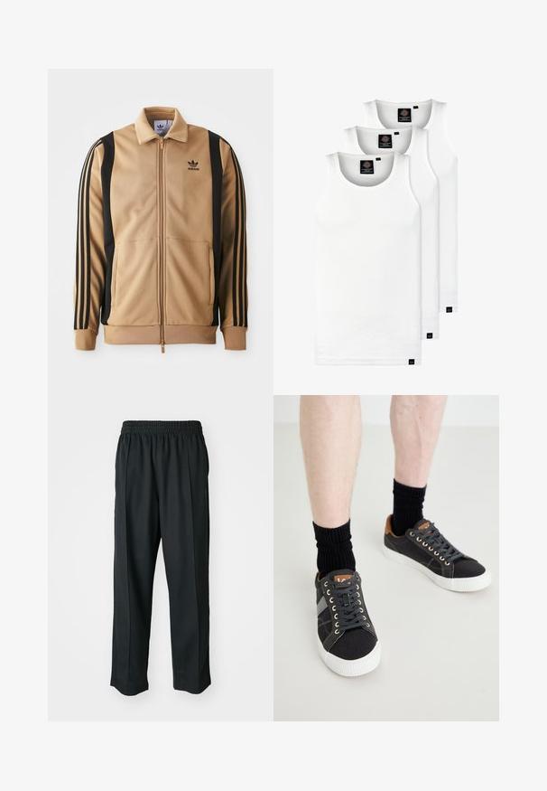 Cognacová zipsová športová bunda vyrobená z textúrovanej látky, s čiernymi vertikálnymi pruhmi na rukávoch a logom Adidas na hrudi.; Tri biele rebrované tielka vyrobené z bavlny. Majú okrúhly výstrih a malé čierne štítky pri leme. Dostupné v rôznych veľkostiach.; Čierne športové nohavice s elastickým pásom, vyrobené z hladkého materiálu, s jemným bočným šitím a voľným strihom, rovný strih.; Šedé plátěné tenisky s bielymi gumenými podrážkami, čiernymi šnúrkami a hnedými koženými akcentmi na päte, doplnené čiernymi rebrovými ponožkami.