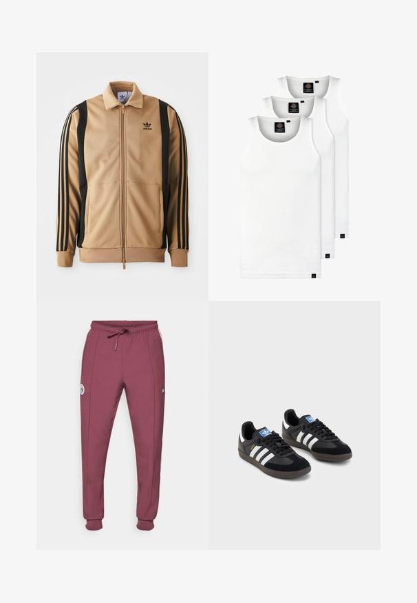 Casaco de treino com fecho éclair na cor tan, feito de tecido texturizado, com riscas verticais pretas nas mangas e um logótipo da Adidas no peito.; Três tops em algodão de alças brancas com nervuras. Apresentam um decote redondo e pequenas etiquetas pretas perto da bainha. Disponíveis em vários tamanhos.; adidas Originals AJAX ICON TRACK PANT - Roupa de discoteca - victory crimson; Sneakers pretos com parte superior em camurça e sintético, apresentando três riscas brancas, sola de borracha texturizada e etiqueta azul no linguete.