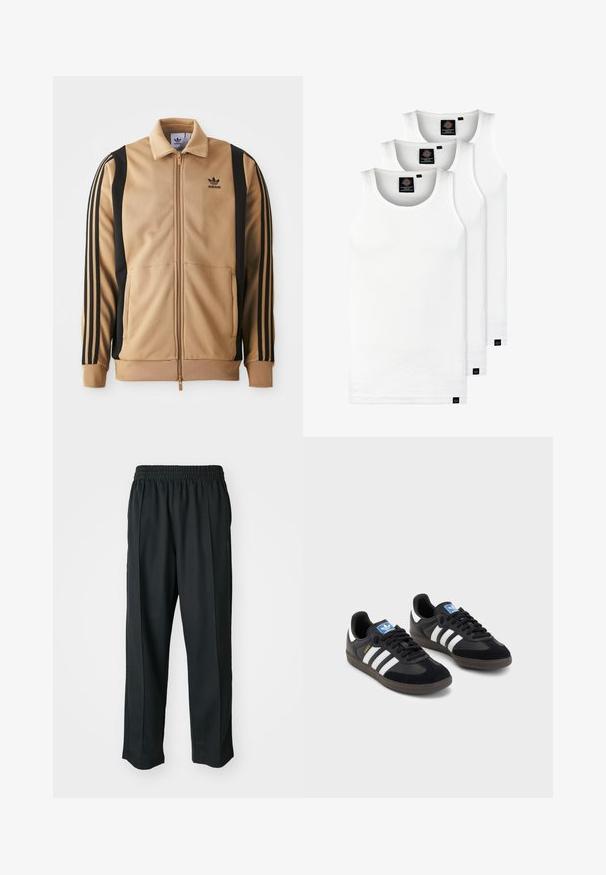 Veste de survêtement zippée de couleur bronze, fabriquée en tissu texturé, avec des rayures verticales noires sur les manches et un logo Adidas sur la poitrine.; Trois débardeurs blancs côtelés en coton. Présentent un col rond et de petites étiquettes noires près de l'ourlet. Disponibles en plusieurs tailles.; Pantalons de sport noirs avec une taille élastique, fabriqués en tissu lisse, présentant des coutures latérales discrètes et une coupe décontractée, avec un design à jambes droites.; Des baskets noires avec une tige en suède et en matériaux synthétiques, dotées de trois rayures blanches, d'une semelle en caoutchouc texturé et d'une étiquette de logo bleue sur la languette.