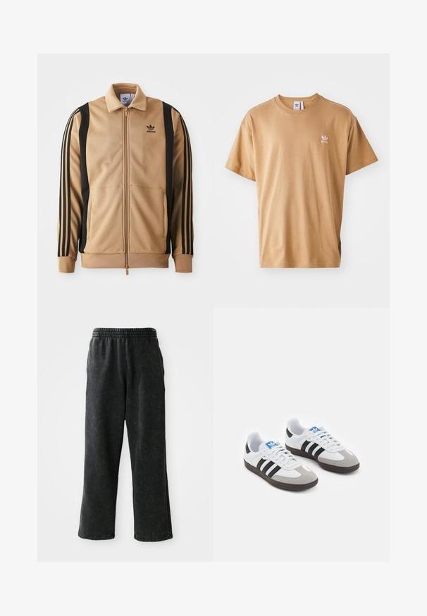 Jachetă de trening cu fermoar, de culoare tan, confecționată dintr-un material texturat, având dungile verticale negre pe mâneci și un logo Adidas pe piept.; T-shirt din bumbac maro, cu guler rotund și mâneci scurte. Prezintă un mic logo Adidas alb pe pieptul stâng. Textură moale, croială lejeră.; Pantaloni de sudură negri, realizați dintr-un material texturat, având o talie elastică, buzunare laterale și o croială relaxată cu picioare drepte.; Încălțăminte sport cu un superior din piele albă, vârf din suede gri și trei dungi negre. Prezintă un logo albastru pe limbă și o talpă din cauciuc texturat.