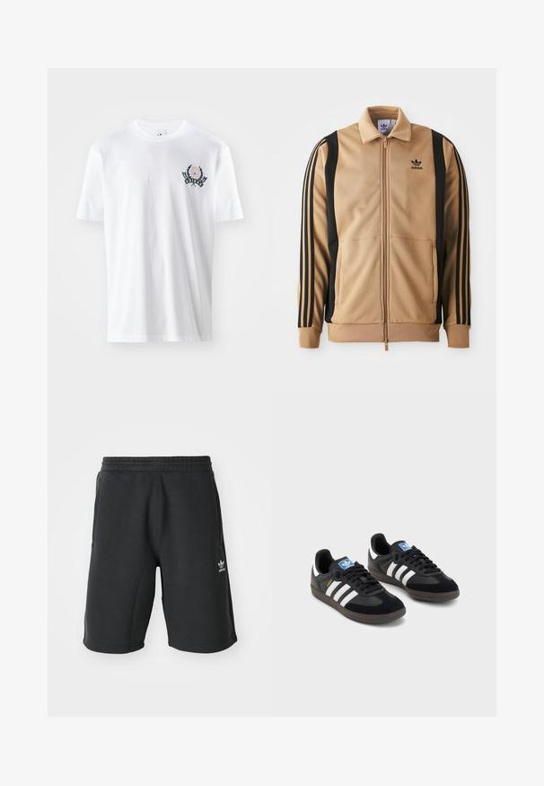Dzeltenā ar rāvējslēdzēju track jaka, izgatavota no teksturēta auduma, ar melnām vertikālām svītrām uz piedurknēm un Adidas logotipu uz krūtīm.; Bala balta kokvilnas t-kreklis ar īsām piedurknēm, kura kreisajā krūtī ir mazs izšūts logo tumši zaļā un tumši zils tonī ar lauru dizainu.; Melni šorti no džersija ar elastīgu jostu, sānu kabatām un balto Adidas logo apakšējā kreisajā stūrī. Mīksts audums un ceļgalu garuma griezums.; Melnas sporta apavas ar zamšādas un sintētisku augšdaļu, ar trim baltām svītrām, teksturētu gumijas zoli un zilu logo birku uz mēles.