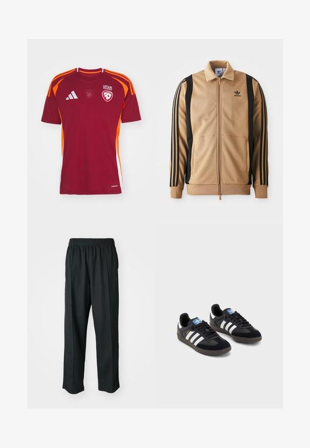 Maslinasta jakna s patentnim zatvaračem od teksturirane tkanine, s crnim vertikalnim prugama na rukavima i Adidas logom na prsima.; adidas Performance LATVIAN LFF HOME - Nogometni dres - team burgundy; Crne atletske hlače s elastičnim pojasom, izrađene od glatkog materijala, s diskretnim bočnim šavovima i opuštenim krojem, ravne nogavice.; Crne tenisice s gornjim dijelom od antilopa i sintetičkog materijala, s tri bijele pruge, teksturiranom gumenom potplatom i plavom oznakom na jeziku.