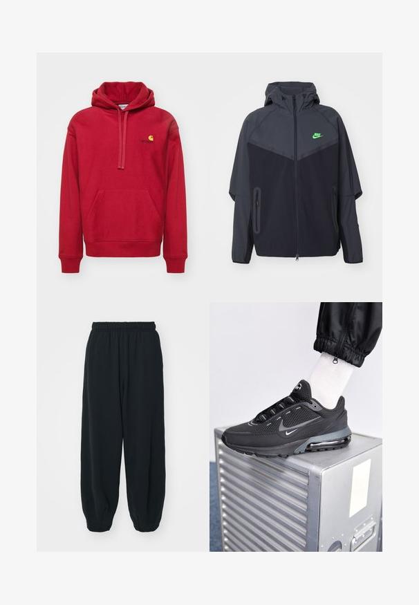 Zwarte en donkergrijze lichte jas met een capuchon, voorzien van een groen Nike-logo, ritszakken en een gestroomlijnd, sportief ontwerp.; Carhartt WIP HOODED AMERICAN SCRIPT - Hoodie - tuscany; Zwarte, elastiche sweatpants met een losse pasvorm, manchetten aan de enkels, een zachte textuur en zonder zichtbare patronen of hardwareaccenten.; Nike Sportswear PULSE - Sneakers laag - black/anthracite