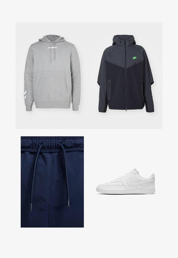 Veste légère noire et gris foncé avec capuche, dotée d'un logo Nike vert, de poches zippées et d'un design épuré et sportif.; Sweat à capuche gris avec une poche avant, un cordon de serrage au niveau de la capuche et un logo blanc sur la poitrine. Présente des rayures blanches sur la manche droite.; Shorts navy bleu à enfiler avec une taille élastique, dotés d'un cordon de serrage texturé et d'un tissu lisse.; Baskets basses en cuir blanc avec une boîte à orteils perforée, des côtés texturés et une semelle en caoutchouc lisse. Présente un design minimaliste et des accents cousus.