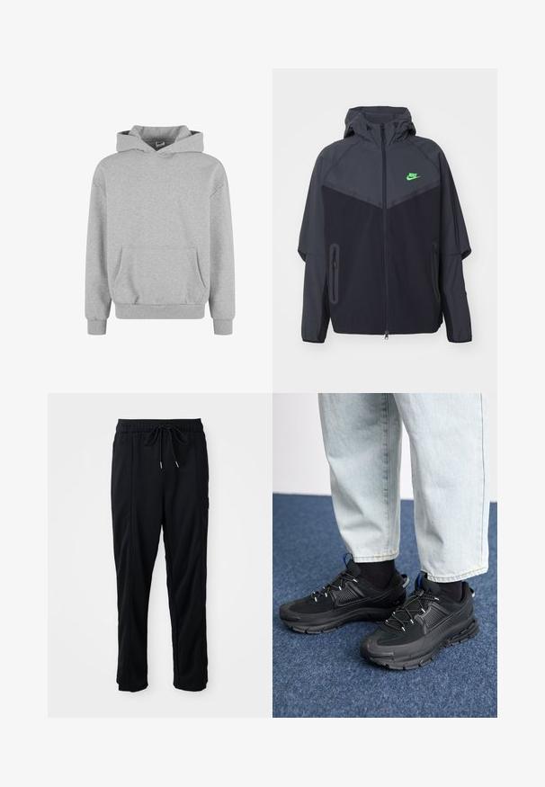 Chaqueta ligera en negro y gris oscuro con capucha, que presenta un logo de Nike en verde, bolsillos con cremallera y un diseño aerodinámico y deportivo.; Sudadera gris con capucha, mangas largas y bolsillo frontal. Fabricada en una tela suave con puños y dobladillo acanalados. Diseño minimalista y estilo versátil.; Pantalones casuales negros con cordón en la cintura, con bolsillos laterales y corte de pierna recta sobre un fondo liso.; Zapatillas deportivas negras con tejido texturizado y suelas de goma, con cordones elásticos y un acento azul en el talón. Combinadas con pantalones de mezclilla claros.