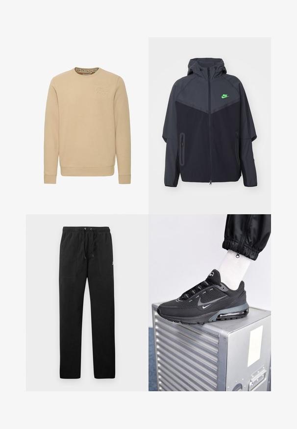 Zwarte en donkergrijze lichte jas met een capuchon, voorzien van een groen Nike-logo, ritszakken en een gestroomlijnd, sportief ontwerp.; Beige sweatshirt met een ronde hals, lange mouwen en een reliëflogo op de borst. Zachte stof met een gladde textuur en geribbelde manchetten.; Zwarte sweatpants van fleece, met een elastische tailleband met trekkoorden, twee voorzakken en een klein logo op de dij.; Nike Sportswear PULSE - Sneakers laag - black/anthracite