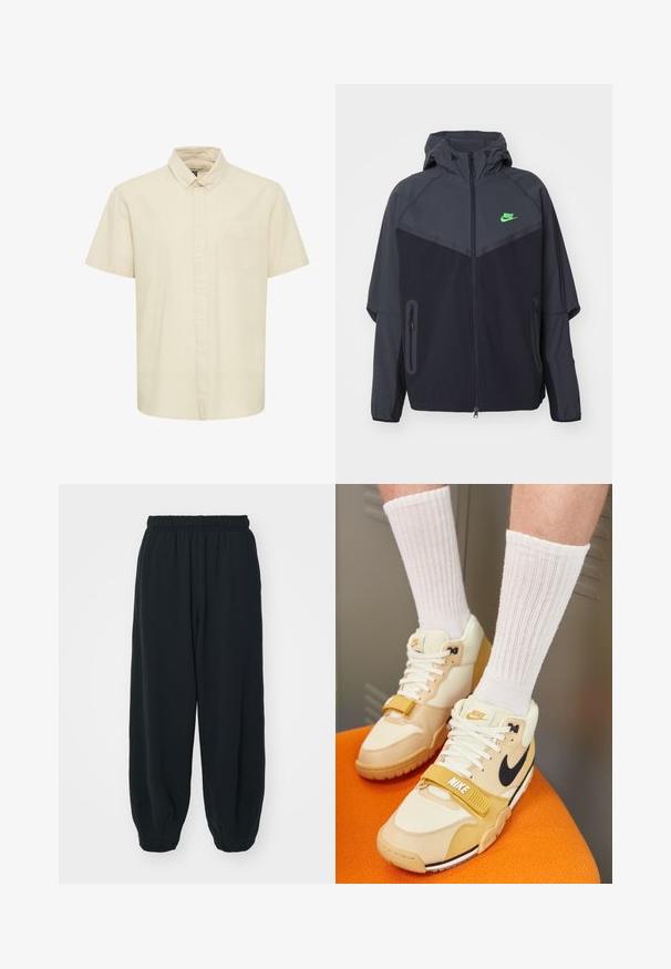Zwarte en donkergrijze lichte jas met een capuchon, voorzien van een groen Nike-logo, ritszakken en een gestroomlijnd, sportief ontwerp.; Kortgeschuimde, lichtbeige button-up shirt gemaakt van een zachte stof. Bevat een klein borstzakje en heeft een klassiek kraagontwerp.; Zwarte, elastiche sweatpants met een losse pasvorm, manchetten aan de enkels, een zachte textuur en zonder zichtbare patronen of hardwareaccenten.; Nike sportschoenen in beige en crème leer, met een zwarte swoosh, witte veters, een klittenbandsluiting en een gestructureerde rubberen zool.