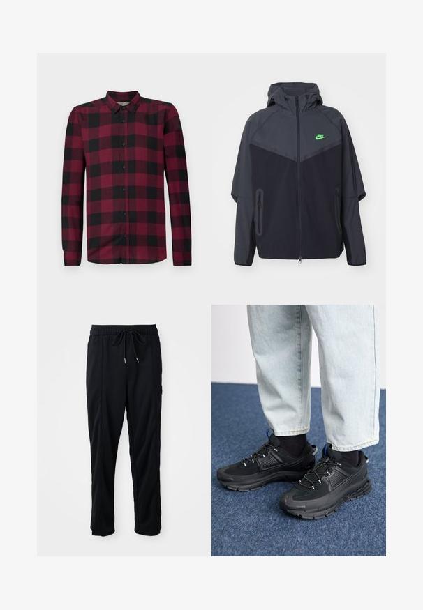 Veste légère noire et gris foncé avec capuche, dotée d'un logo Nike vert, de poches zippées et d'un design épuré et sportif.; Chemise à manches longues avec un motif à carreaux rouge et noir, col classique et poignets ajustés.; Pantalons décontractés noirs à taille à cordon de serrage avec poches latérales et coupe droite sur fond uni.; Des chaussures de sport noires avec un tissu texturé et des semelles en caoutchouc, dotées de lacets élastiques et d'un accent bleu au talon. Portées avec un pantalon en denim clair.