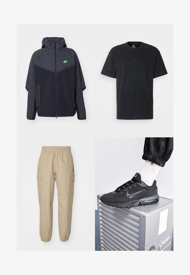 Schwarze und dunkelgraue leichte Jacke mit Kapuze, ausgestattet mit einem grünen Nike-Logo, Reißverschlusstaschen und einem schlanken, sportlichen Design.; Schwarzes Baumwoll-T-Shirt von Nike mit klassischem Rundhalsausschnitt, kurzen Ärmeln und einem dezenten, geprägten Logo auf der Brust. Glatte Textur.; Beige Cargo-Hosen mit einem elastischen Bund, schmal zulaufenden Beinen und seitlichen Taschen. Glattes Gewebe mit einer leicht strukturierten Textur.; Nike Sportswear PULSE - Sneaker low - black/anthracite