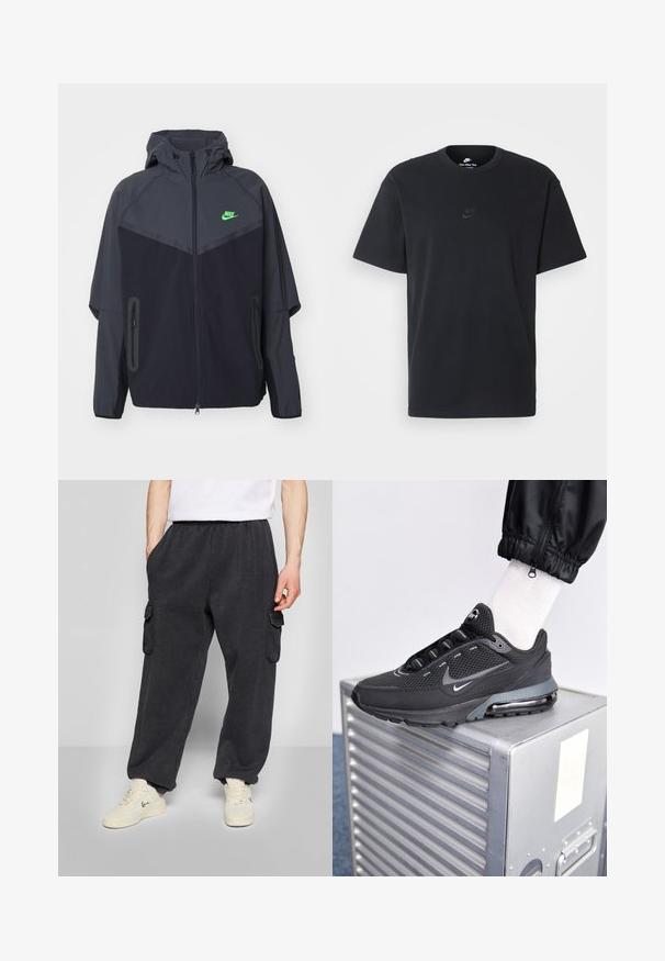 Zwarte en donkergrijze lichte jas met een capuchon, voorzien van een groen Nike-logo, ritszakken en een gestroomlijnd, sportief ontwerp.; Zwarte katoenen t-shirt van Nike met een klassieke ronde hals, korte mouwen en een subtiele, reliëflogo op de borst. Gladde textuur.; Donkergrijze cargobroek met een elastische tailleband, zijzakken en een relaxte pasvorm. Gemaakt van zachte stof, met gestikte details op de zakken.; Nike Sportswear PULSE - Sneakers laag - black/anthracite