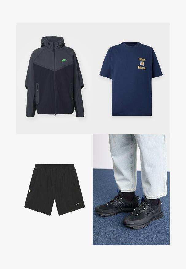 Black and dark gray lightweight jacket with a hood, featuring a green Nike logo, zippered pockets, and a streamlined, sporty design.; Navy blue cotton t-shirt with short sleeves, featuring gold text "Carhartt University" and a logo patch on the left chest.; Black athletic shorts made of lightweight fabric, featuring an elastic waistband, side pockets, and a small logo on the lower front.; Black athletic shoes with textured fabric and rubber soles, featuring elastic laces and a blue accent on the heel. Worn with light denim pants.