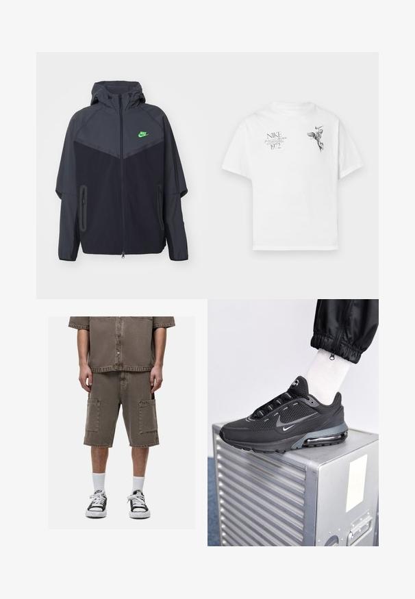 Zwarte en donkergrijze lichte jas met een capuchon, voorzien van een groen Nike-logo, ritszakken en een gestroomlijnd, sportief ontwerp.; Witte katoenen t-shirt met een zwarte grafische print van een gevleugeld figuur en tekst, met een ronde hals en korte mouwen.; Bruine denim overhemd met korte mouwen en knopen, gecombineerd met bijpassende cargoshorts met twee grote voorzakken, gedragen met witte gemêleerde sokken en zwarte sneakers.; Nike Sportswear PULSE - Sneakers laag - black/anthracite