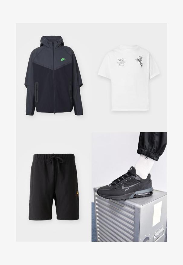 Veste légère noire et gris foncé avec capuche, dotée d'un logo Nike vert, de poches zippées et d'un design épuré et sportif.; T-shirt en coton blanc avec un imprimé graphique noir d'une figure ailée et du texte, avec un col rond et des manches courtes.; Shorts noirs avec une taille élastique et un cordon de serrage. Présente une poche latérale et un petit logo rouge et jaune sur le bas à gauche.; Nike Sportswear PULSE - Baskets basses - black/anthracite