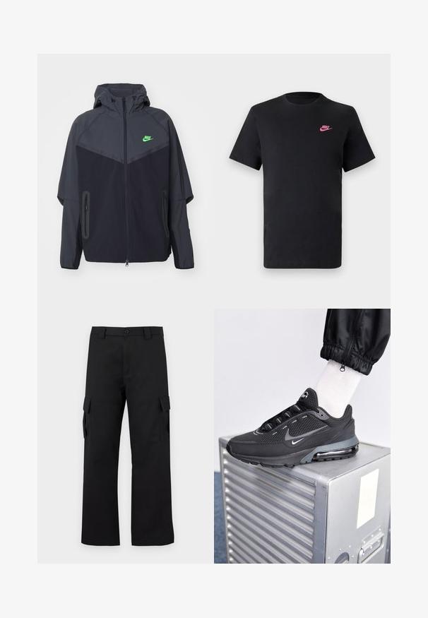 Chaqueta ligera en negro y gris oscuro con capucha, que presenta un logo de Nike en verde, bolsillos con cremallera y un diseño aerodinámico y deportivo.; Camiseta de algodón negra con cuello redondo y mangas cortas. Presenta un logo de Nike en rosa en la parte superior izquierda. Textura suave.; Pantalones cargo negros con un diseño de pierna recta. Fabricados con un tejido duradero, cuentan con dos bolsillos laterales con cierres de solapa y una cremallera de botón.; Nike Sportswear PULSE - Zapatillas - black/anthracite