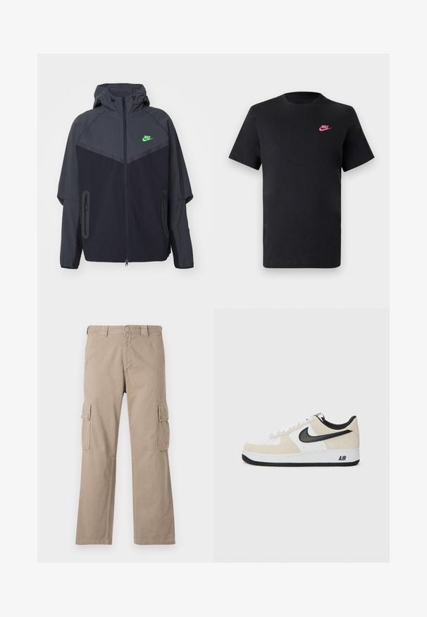 Zwarte en donkergrijze lichte jas met een capuchon, voorzien van een groen Nike-logo, ritszakken en een gestroomlijnd, sportief ontwerp.; Zwarte katoenen T-shirt met een ronde halslijn en korte mouwen. Bevat een roze Nike-logo aan de bovenkant aan de linkerzijde. Glad textuur.; Beige cargobroek van katoen met een rechte pijp, voorzien van twee cargopockets aan de zijkanten en een knoopsluiting in de taille.; Sneakers met een lichtbeige suède en witte leren bovenkant, zwarte Nike swoosh, zwarte accenten en een witte rubberen zool met "AIR" branding.
