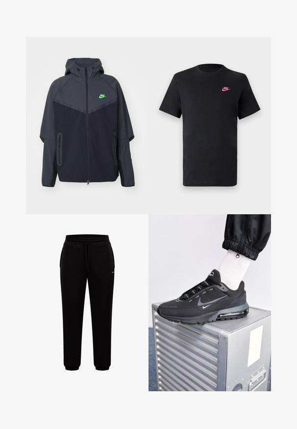 Chaqueta ligera en negro y gris oscuro con capucha, que presenta un logo de Nike en verde, bolsillos con cremallera y un diseño aerodinámico y deportivo.; Camiseta de algodón negra con cuello redondo y mangas cortas. Presenta un logo de Nike en rosa en la parte superior izquierda. Textura suave.; Pantalones jogger negros con cinturilla elástica, cordón ajustable, bolsillos laterales y puños elásticos sobre un fondo blanco.; Nike Sportswear PULSE - Zapatillas - black/anthracite