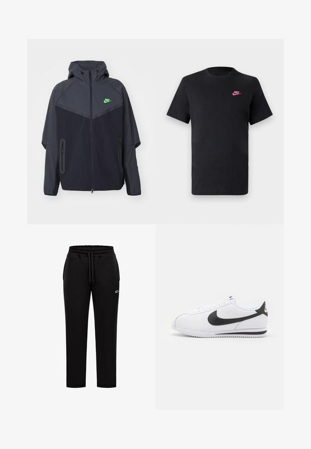 Zwarte en donkergrijze lichte jas met een capuchon, voorzien van een groen Nike-logo, ritszakken en een gestroomlijnd, sportief ontwerp.; Zwarte katoenen T-shirt met een ronde halslijn en korte mouwen. Bevat een roze Nike-logo aan de bovenkant aan de linkerzijde. Glad textuur.; Zwarte joggingsbroek van zacht materiaal, met een elastische tailleband en een trekkoord, zijzakken en een klein logo detail.; Witte leren sneakers met zwarte Nike swoosh, platte veters en een getextureerde rubberen zool. Ronde neus en gevoerde kraag voor comfort.