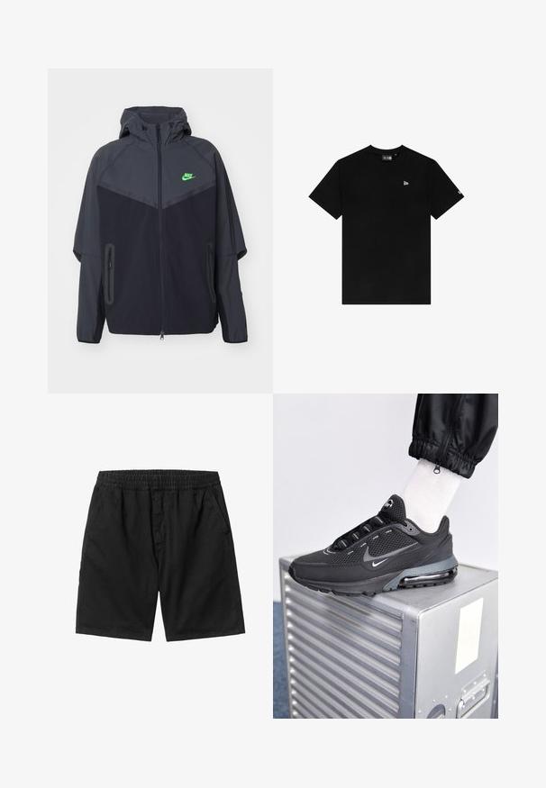 Zwarte en donkergrijze lichte jas met een capuchon, voorzien van een groen Nike-logo, ritszakken en een gestroomlijnd, sportief ontwerp.; Zwart katoenen T-shirt met een ronde hals, korte mouwen, met een klein wit logo op de linkerborst en zonder verdere patronen of accenten.; Zwarte shorts met een elastische tailleband, zijzakken en een rechte snit. Gemaakt van een lichte stof met een gladde textuur.; Nike Sportswear PULSE - Sneakers laag - black/anthracite