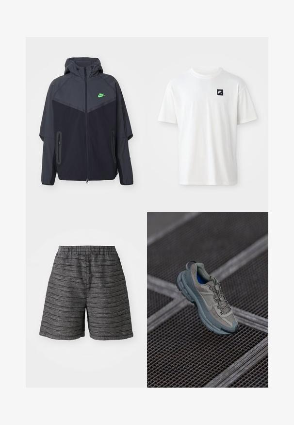 Black and dark gray lightweight jacket with a hood, featuring a green Nike logo, zippered pockets, and a streamlined, sporty design.; White cotton t-shirt with short sleeves and a crew neck; features a small black rectangular Nike Air logo on the left chest.; Gray shorts with an elastic waistband, featuring a textured fabric with horizontal stripes. Mid-thigh length and relaxed fit.; Beige and gray athletic shoe with textured mesh upper, rounded toe, and rubber sole, featuring laces and a padded collar.