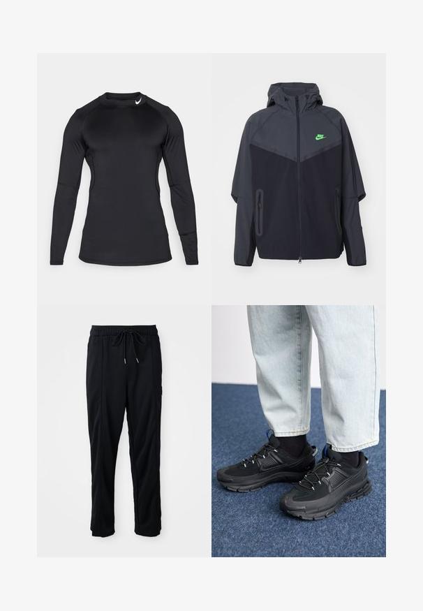 Zwarte en donkergrijze lichte jas met een capuchon, voorzien van een groen Nike-logo, ritszakken en een gestroomlijnd, sportief ontwerp.; Zwart sportshirt met lange mouwen, gemaakt van gladde, rekbare stof met een ronde halslijn en een discreet logo op de bovenste linkerkant.; Zwarte casual broek met koord in de taille, met zijzakken en rechte pijpen op een effen achtergrond.; Zwarte sportschoenen met gestructureerde stof en rubberen zolen, met elastische veters en een blauwe accent op de hiel. Draag samen met lichte spijkerbroeken.