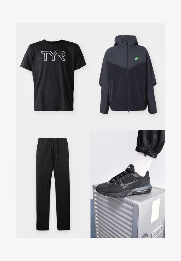Chaqueta ligera en negro y gris oscuro con capucha, que presenta un logo de Nike en verde, bolsillos con cremallera y un diseño aerodinámico y deportivo.; Camiseta atlética negra de manga corta fabricada con tejido transpirable, con un prominente logo blanco "TYR" en el frente.; Pantalones deportivos negros de felpa, con una cinturilla elástica con cordones, dos bolsillos delanteros y un pequeño logo en el muslo.; Nike Sportswear PULSE - Zapatillas - black/anthracite