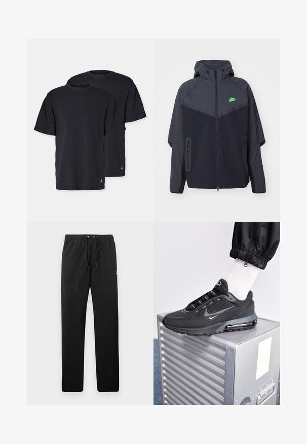 Zwarte en donkergrijze lichte jas met een capuchon, voorzien van een groen Nike-logo, ritszakken en een gestroomlijnd, sportief ontwerp.; Zwarte katoenen T-shirts in een standaard pasvorm, met korte mouwen en een ronde hals. Inclusief klein logo op de linkerzoom. Twee-pack.; Zwarte sweatpants van fleece, met een elastische tailleband met trekkoorden, twee voorzakken en een klein logo op de dij.; Nike Sportswear PULSE - Sneakers laag - black/anthracite