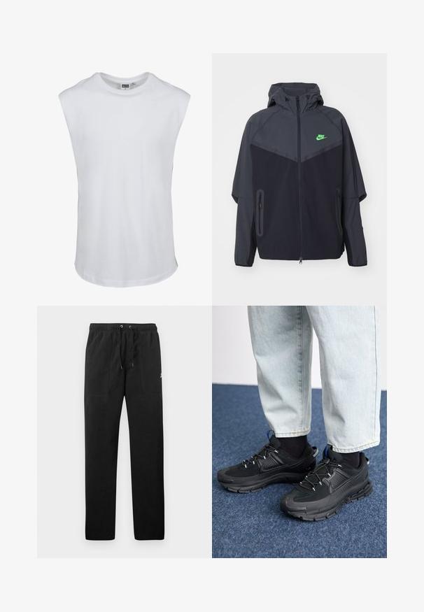 Zwarte en donkergrijze lichte jas met een capuchon, voorzien van een groen Nike-logo, ritszakken en een gestroomlijnd, sportief ontwerp.; Witte mouwloze t-shirt van katoen. Glad textuur met een ronde hals en een rechte zoom. Geen grafische afbeeldingen of extra details.; Zwarte sweatpants van fleece, met een elastische tailleband met trekkoorden, twee voorzakken en een klein logo op de dij.; Zwarte sportschoenen met gestructureerde stof en rubberen zolen, met elastische veters en een blauwe accent op de hiel. Draag samen met lichte spijkerbroeken.