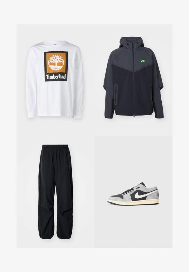 Chaqueta ligera en negro y gris oscuro con capucha, que presenta un logo de Nike en verde, bolsillos con cremallera y un diseño aerodinámico y deportivo.; Timberland COLORED LONG SLEEVE TEE - Camiseta de manga larga - white; Pantalones cargo ligeros negros con cinturilla elástica, cremalleras laterales y bolsillos amplios. Presentan un corte holgado y puños ajustados.; Nike Air Jordan 1 Low en ante gris y negro con acentos blancos. Cuenta con una suela acolchada y el clásico logo de swoosh de Nike.