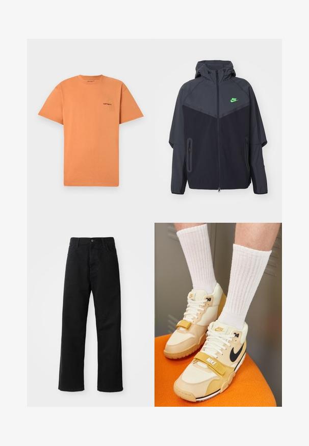 Black and dark gray lightweight jacket with a hood, featuring a green Nike logo, zippered pockets, and a streamlined, sporty design.; Orange cotton t-shirt with a crew neckline and short sleeves. Features a small embroidered Carhartt logo in red and yellow on the chest.; Black denim pants with a straight cut, featuring front pockets, a zip fly, and a single top button. Textured fabric with a matte finish.; Nike athletic shoes in beige and cream leather, featuring a black swoosh, white laces, a Velcro strap, and a textured rubber sole.