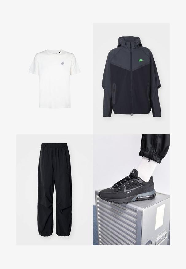 Zwarte en donkergrijze lichte jas met een capuchon, voorzien van een groen Nike-logo, ritszakken en een gestroomlijnd, sportief ontwerp.; Witte katoenen t-shirt met een ronde halslijn en korte mouwen. Bevat een klein rond logo op de bovenste linkerkant van de borst.; Zwarte lichtgewicht cargobroek met een elastische tailleband, zijritsen en ruime zakken. Heeft een losse pasvorm en taps toelopende boorden.; Nike Sportswear PULSE - Sneakers laag - black/anthracite