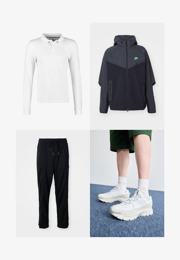 Chaqueta ligera en negro y gris oscuro con capucha, que presenta un logo de Nike en verde, bolsillos con cremallera y un diseño aerodinámico y deportivo.; Camisa polo de manga larga en algodón blanco, con cuello tipo polo, tapeta de tres botones y textura lisa sin patrones ni adornos.; Pantalones casuales negros con cordón en la cintura, con bolsillos laterales y corte de pierna recta sobre un fondo liso.; Zapatillas deportivas blancas con superposiciones texturizadas, una suela gruesa y acentos grises. Llevadas con calcetines blancos hasta la pantorrilla y pantalones cortos verdes sobre una superficie azul.