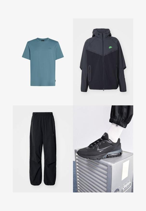 Chaqueta ligera en negro y gris oscuro con capucha, que presenta un logo de Nike en verde, bolsillos con cremallera y un diseño aerodinámico y deportivo.; Camiseta de algodón azul claro con cuello redondo, mangas cortas y un pequeño logo impreso en un tono más oscuro en el pecho.; Pantalones cargo ligeros negros con cinturilla elástica, cremalleras laterales y bolsillos amplios. Presentan un corte holgado y puños ajustados.; Nike Sportswear PULSE - Zapatillas - black/anthracite