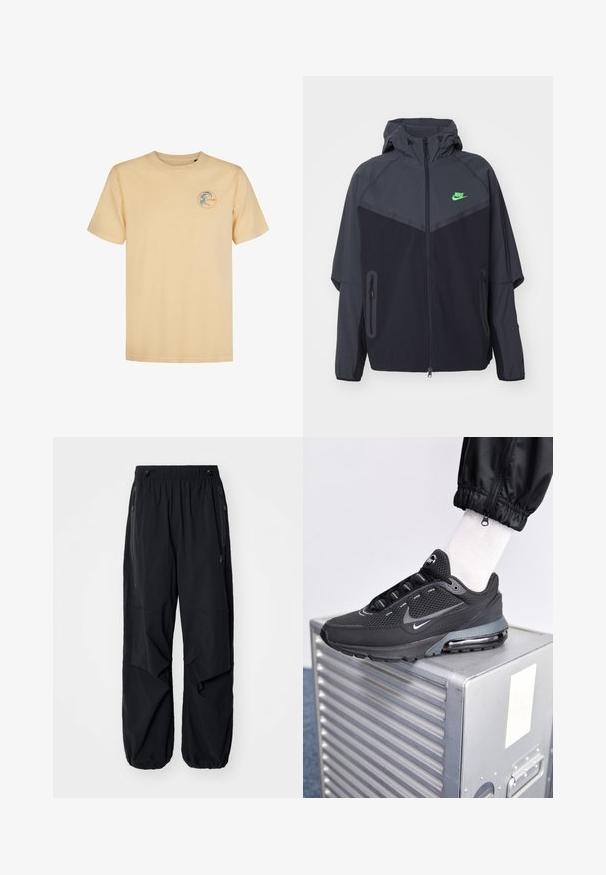 Chaqueta ligera en negro y gris oscuro con capucha, que presenta un logo de Nike en verde, bolsillos con cremallera y un diseño aerodinámico y deportivo.; Camiseta de algodón amarillo claro con cuello redondo. Presenta un logo circular en azul y naranja en el lado izquierdo del pecho. Mangas cortas.; Pantalones cargo ligeros negros con cinturilla elástica, cremalleras laterales y bolsillos amplios. Presentan un corte holgado y puños ajustados.; Nike Sportswear PULSE - Zapatillas - black/anthracite