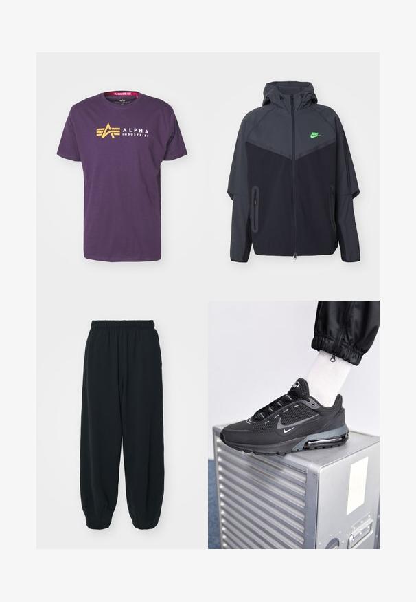 Chaqueta ligera en negro y gris oscuro con capucha, que presenta un logo de Nike en verde, bolsillos con cremallera y un diseño aerodinámico y deportivo.; Camiseta de algodón morada con un logo amarillo en forma de "A" y el texto "ALPHA INDUSTRIES" en blanco. Mangas cortas y cuello redondo.; Pantalones de chándal negros con cintura elástica, de corte holgado, con puños en los tobillos, textura suave y sin patrones visibles ni acentos metálicos.; Nike Sportswear PULSE - Zapatillas - black/anthracite