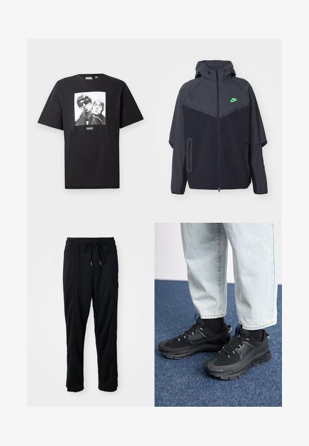 Black and dark gray lightweight jacket with a hood, featuring a green Nike logo, zippered pockets, and a streamlined, sporty design.; Black cotton t-shirt featuring a square white graphic of two figures, logo reading "oasis" underneath the image. Short sleeves, crew neck.; Black drawstring waist casual pants with side seam pockets and straight leg cut on a plain background.; Black athletic shoes with textured fabric and rubber soles, featuring elastic laces and a blue accent on the heel. Worn with light denim pants.