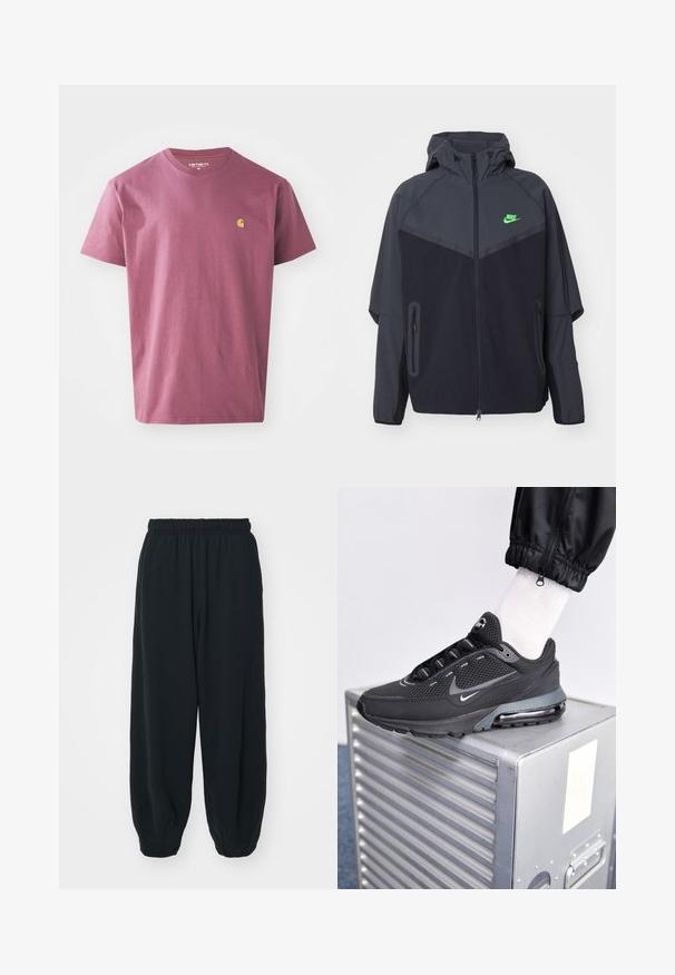 Zwarte en donkergrijze lichte jas met een capuchon, voorzien van een groen Nike-logo, ritszakken en een gestroomlijnd, sportief ontwerp.; Paarse katoenen T-shirt met ronde hals, korte mouwen en een klein geel logo op de linkerkant van de borst. Eenvoudig ontwerp in effen kleur.; Zwarte, elastiche sweatpants met een losse pasvorm, manchetten aan de enkels, een zachte textuur en zonder zichtbare patronen of hardwareaccenten.; Nike Sportswear PULSE - Sneakers laag - black/anthracite