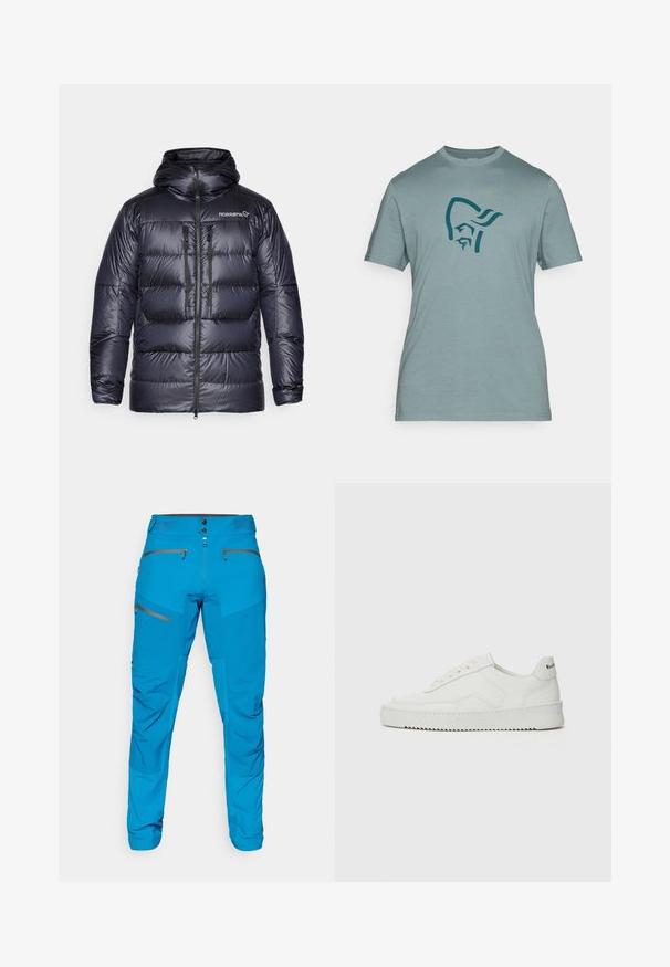 Uppblåst mörk marinblå dunjacka med huva, dragkedja fram, två bröstfickor och signaturlogotyp på övre vänstra sidan. Slät, glänsande yta.; Kortärmad, ljusblå t-shirt i mjukt tyg med en mörkblå grafisk design av ett stiliserat figurs huvud på framsidan.; Norrøna FJØRÅ PANTS - Cykelbyxor - mykonos blue; Vita lädersneakers med en jämn yta, rund tå, platta snörningar och en strukturerad sula. Har en diskret logotyp på hälen.