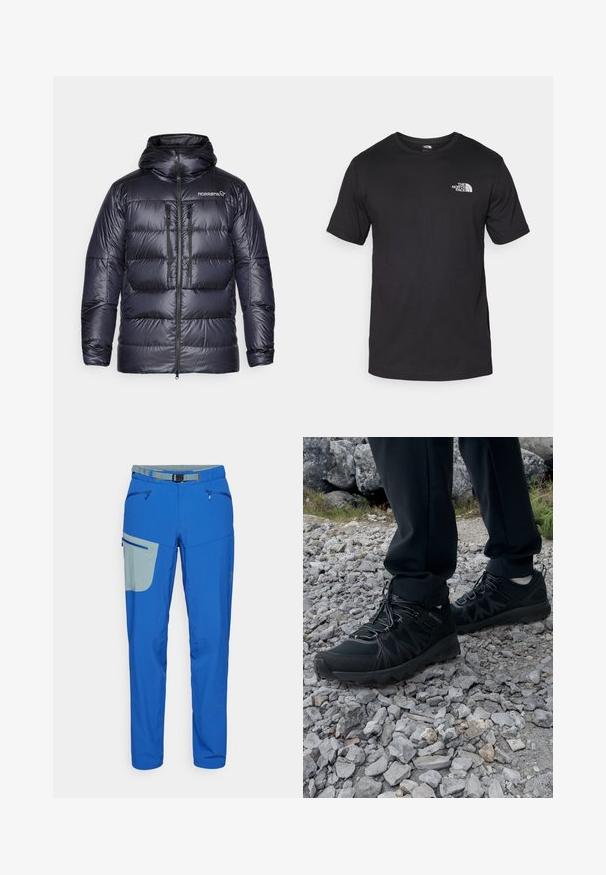 Puhdas tummansininen untuvatakki hupulla, vetoketjukiinnitys, kaksi rintataskua ja allekirjoituslogo vasemmassa yläkulmassa. Silkkinen, kiiltävä pinta.; Mustat lyhythihaiset t-paidat, jotka on valmistettu puuvillasta. paidassa on pyöreä pääntie ja pieni valkoinen logo vasemmassa ylärintataskussa.; Siniset ulkoiluhousut, joissa on vaaleanharmaa koristereikä, varustettu vetoketjullisilla taskuilla, säädettävä vyötärö ja kapenevat lahkeet.; Mustat ulkokengät, joissa on verkko- ja synteettinen materiaali, teksturoitu päällinen, varma nauhoitusjärjestelmä ja kestävä pohja kivikkoisella maastolla.