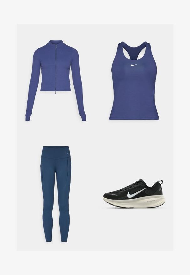 Fitted långärmad zip-jacka i djupblå. Tillverkad av elastiskt material, med hög krage och en slät textur. Enkel design.; Mörkblå atletisk linne med racerback-design, tillverkat av ett mjukt tyg, med en liten vit Nike-logotyp på bröstet.; Marinblå träningsleggings med hög midja, elastiskt material, sidfickor och en subtil logotyp på midjebandet. Slät textur överallt.; Svart Nike löparsko med andningsbart mesh-ovandel, vit swoosh-logotyp, texturerad detaljering och en krämfärgad ZoomX-mellansula.