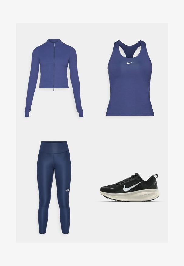 Přiléhavá dlouhá zipová bunda v tmavě modré barvě. Vyrobena z elastického materiálu, s vysokým límcem a hladkou texturou. Jednoduchý design.; Námořnická modrá sportovní tílko s designem na zádech do tvaru závodní vesty, vyrobené z hladké látky, s malým bílým logem Nike na hrudi.; Tmavě modré legíny vyrobené z elastického materiálu, s vysokým pasem a bílým logem na levém lýtku. Hladký povrch, úzký střih.; Černá běžecká obuv Nike s prodyšným síťovaným svrškem, bílým logem swoosh, texturovanými detaily a krémovou mezipodešví ZoomX.