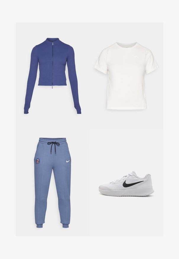 Fitted long-sleeve zip-up jacket in deep blue. Made from stretchy material, featuring a high collar and a smooth texture. Simple design.; Lightweight white T-shirt with short sleeves, round neck, and a small logo in the upper left corner. Smooth fabric with a subtle sheen.; Blue cotton blend joggers with elastic waistband, black drawstring, side pockets, ribbed cuffs, featuring a Paris logo and Nike swoosh.; White athletic shoe with a textured fabric upper, black Swoosh logo, lace-up design, and a sturdy rubber sole with grip patterns.