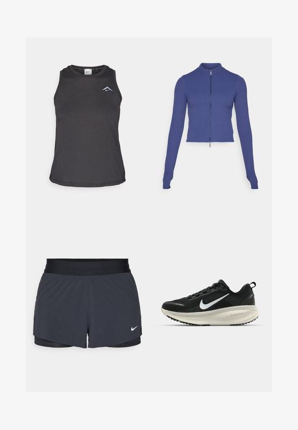 Strakke langetermijn-ritsjack in diepblauw. Gemaakt van rekbaar materiaal, met een hoge kraag en een gladde textuur. Eenvoudig ontwerp.; Zwarte atletische tanktop met een ronde halslijn, voorzien van een klein blauw logo op de borst en een gladde, lichte stof.; Zwarte sportshorts met een elastische tailleband, met een gelaagd ontwerp en een klein wit Nike-logo aan de onderkant links. Lichtgewicht materiaal.; Zwarte Nike hardloopschoen met ademend mesh bovenwerk, witte swoosh-logo, gestructureerde details en een crèmekleurige ZoomX middenzool.