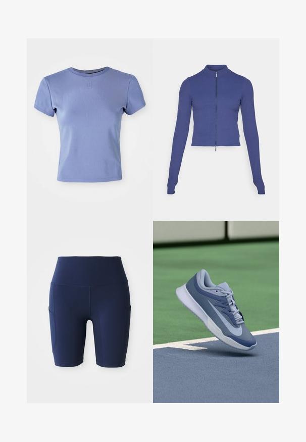 Prilegajoča se jopica z dolgimi rokavi in zadrgo v temno modri barvi. Narejena iz elastičnega materiala, z visokim ovratnikom in gladko teksturo. Preprost dizajn.; Svetlo purpurna prilegajoča majica s kratkimi rokavi, izdelana iz rebrastega materiala, z okroglo obrobo in kratkimi rokavi. Vključuje majhen logotip na prsih.; Morske modre, hlače za kolesarjenje z visokim pasom, narejene iz raztegljivega, gladkega materiala; vsebujejo stranske žepke in prilegan dizajn.; Športni copat v svetlo modri in mornarski barvi, z teksturirano zgornjim delom, ravnimi vezalkami in lahko belo podplatom. Dvigovan nad igrališčem.